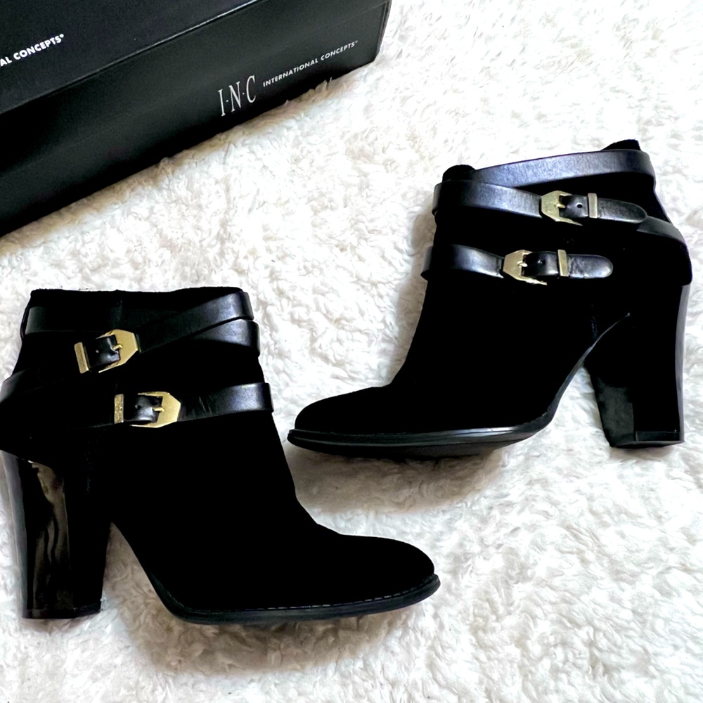 INC International Concepts Sz 8.5 Black Suede + Gold buckles Ankle Boot.